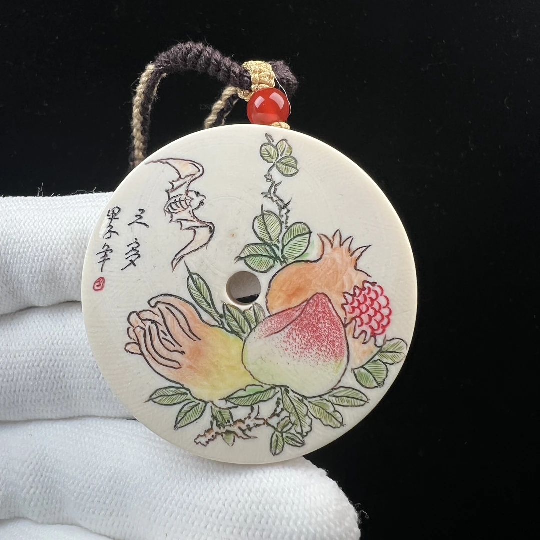 P6703天然猛犸牙圆饼山水牌46x10mm支持鉴定 假一罚四