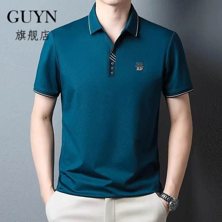 GUYN高档丝光棉短袖T恤中年宽松半袖爸爸装夏t男冰丝翻领POLO衫男