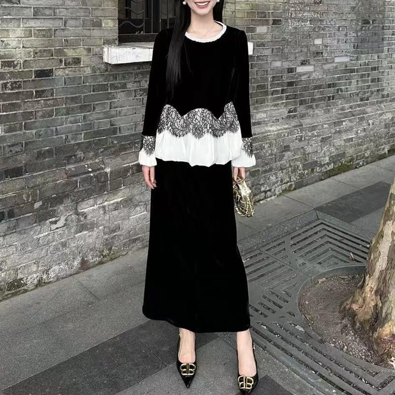 2025早秋新款洋气时尚百搭拼接蕾丝半身裙气质套装通勤时尚小香风