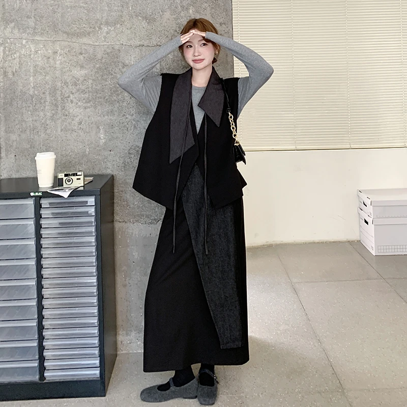 西装宽松连衣裙不规则牛仔拼接马甲套装裙女秋季2025感气质两件套