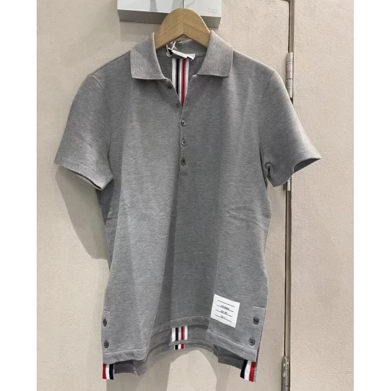 95新 THOMBROWNE   bb1205 棉 灰色彩条POLO短袖 2码