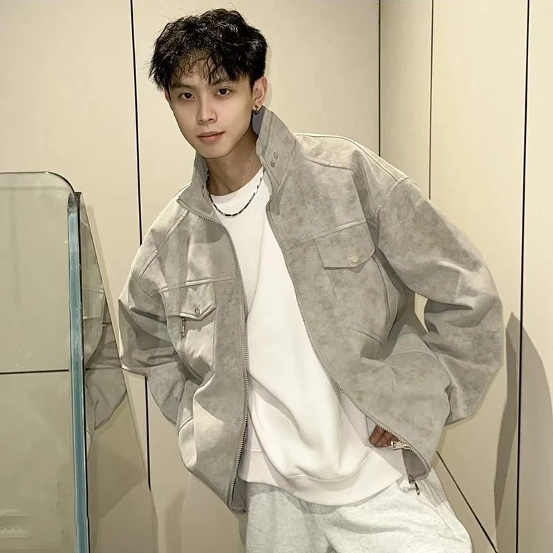 美式复古立领夹克男春秋cleanfit哈灵顿扎染pu皮外套雾面工装皮衣