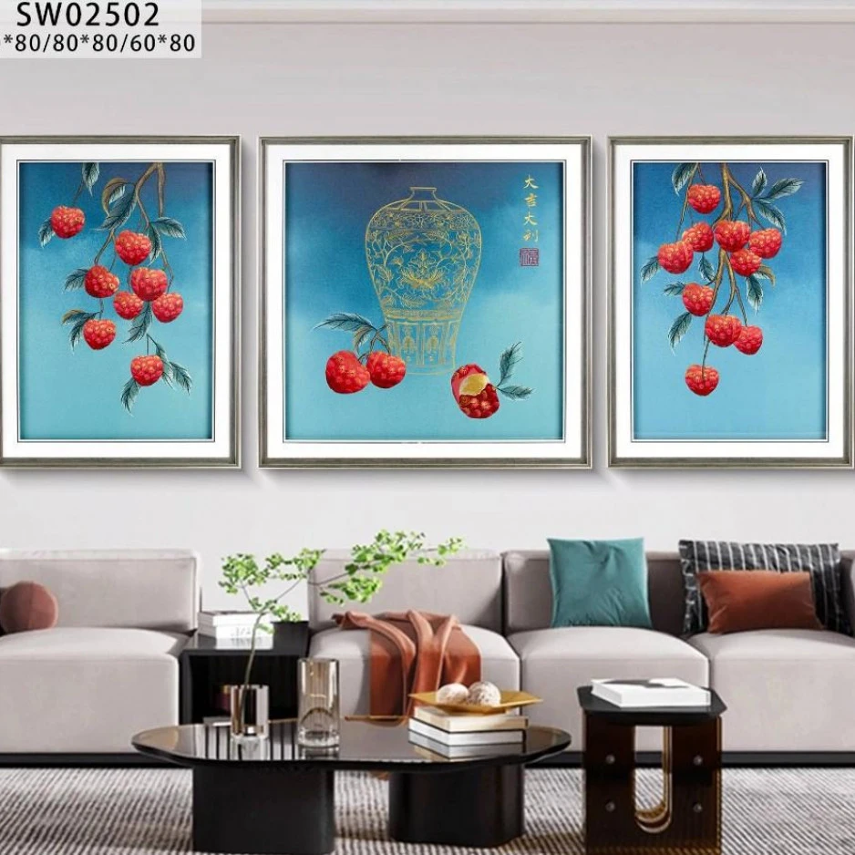 【酷莱】大吉大荔沙发背景墙三联刺绣装饰画高端织锦JH