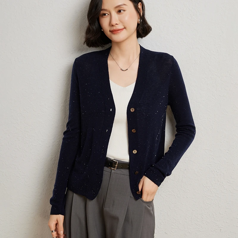 珠片V领宽松针织开衫含羊毛山羊绒女毛衣外套显瘦上衣气质百搭