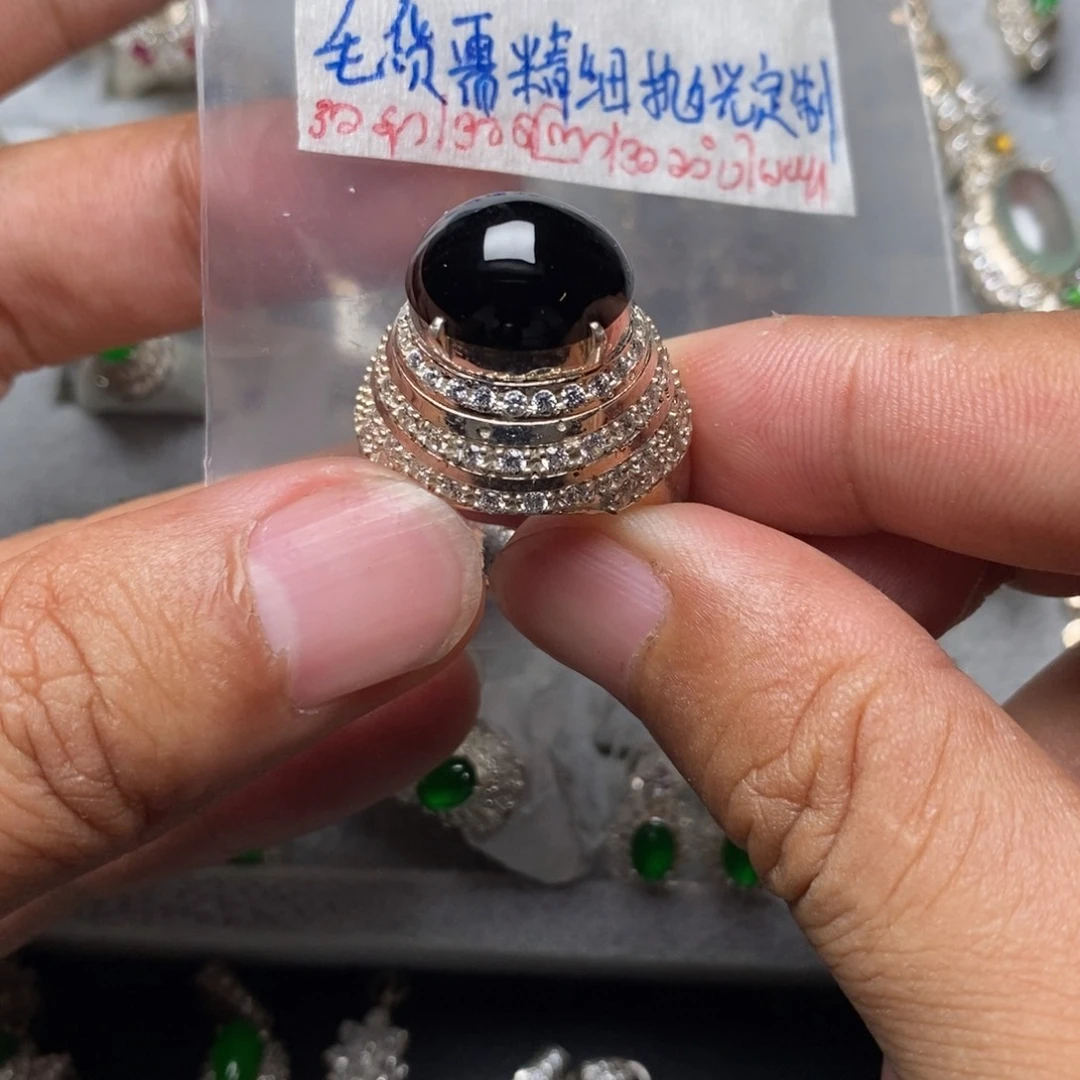 定制翡翠未镶嵌墨翠戒指买断不退换