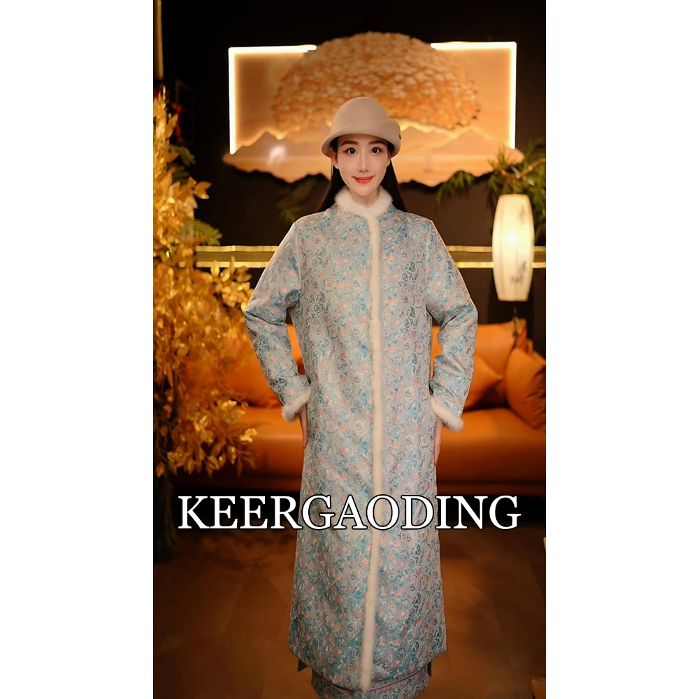 【可儿•高定】非遗宋锦高端新中式拼水貂毛夹羊驼绒大衣7770348D