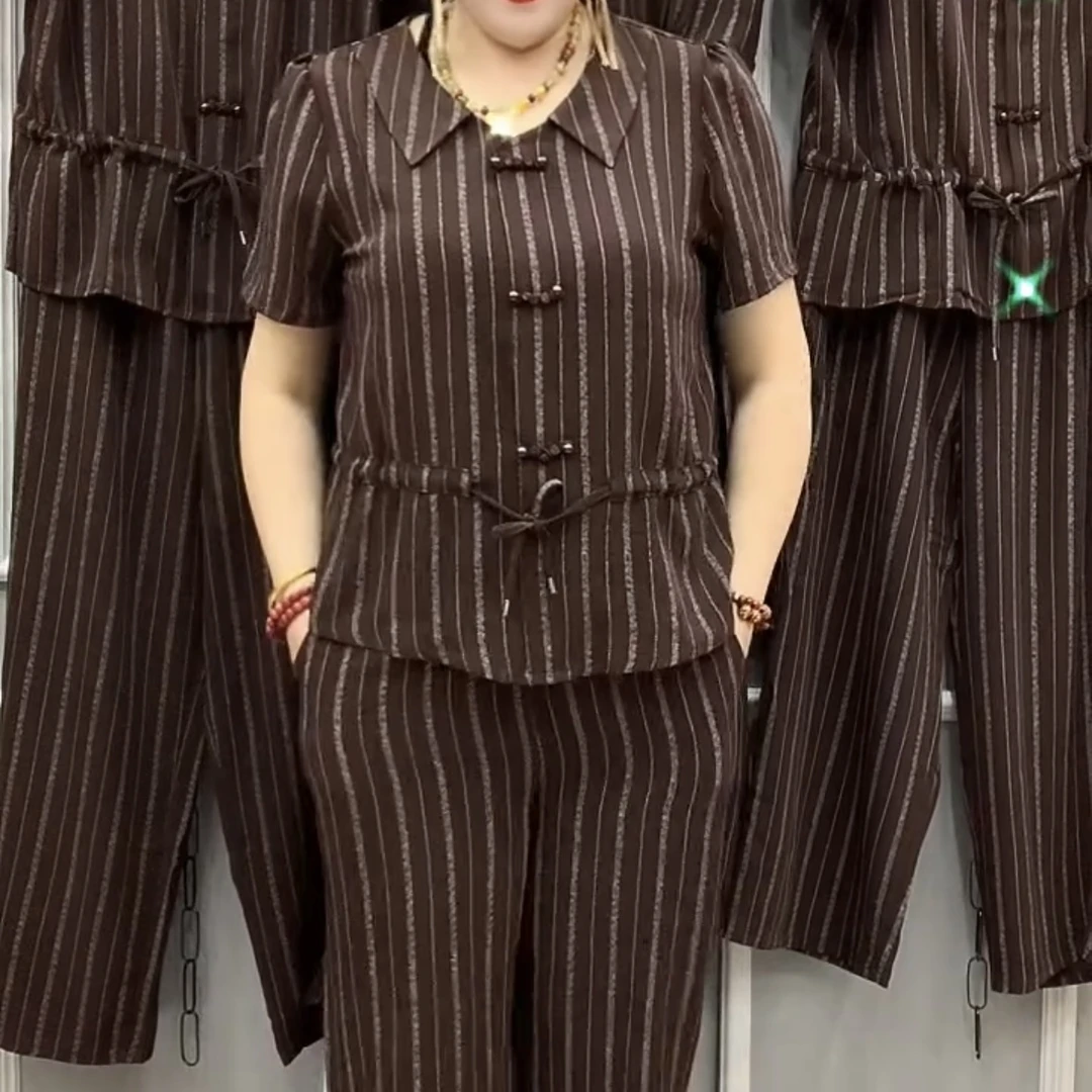 夏季妈妈装时尚休闲竖条纹设计感百搭短袖气质套装洋气显瘦两件套
