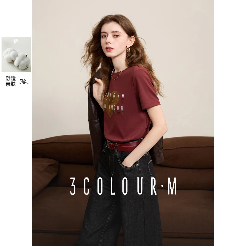 【粉丝专属】三彩2025春季新款字母T恤植绒珠绣圆领正肩短袖安dbx