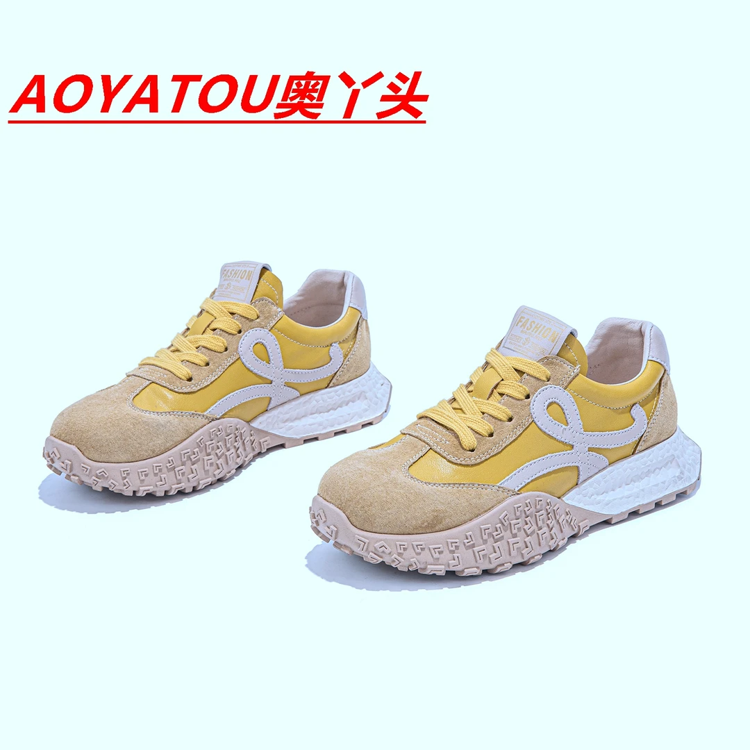 新款春秋复古系带舒适真皮阿甘鞋厚底拼色运动休闲鞋AY25088