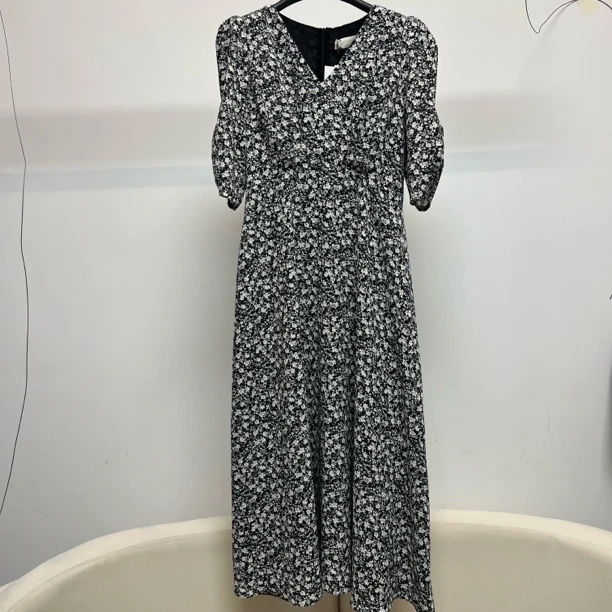 黑白花裙【静夜】长袖雪纺长裙