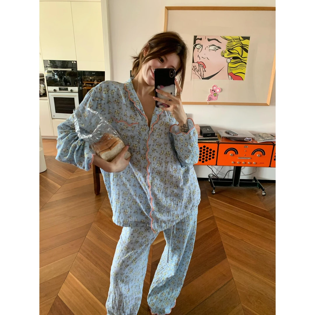 甜美可花边爱卡通图案睡衣女春秋季新款长袖长裤家居服套装可外穿