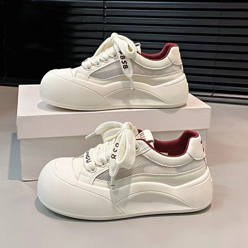 真皮透网厚底小白板鞋女春夏季时尚增高休闲面包板鞋YT新款319