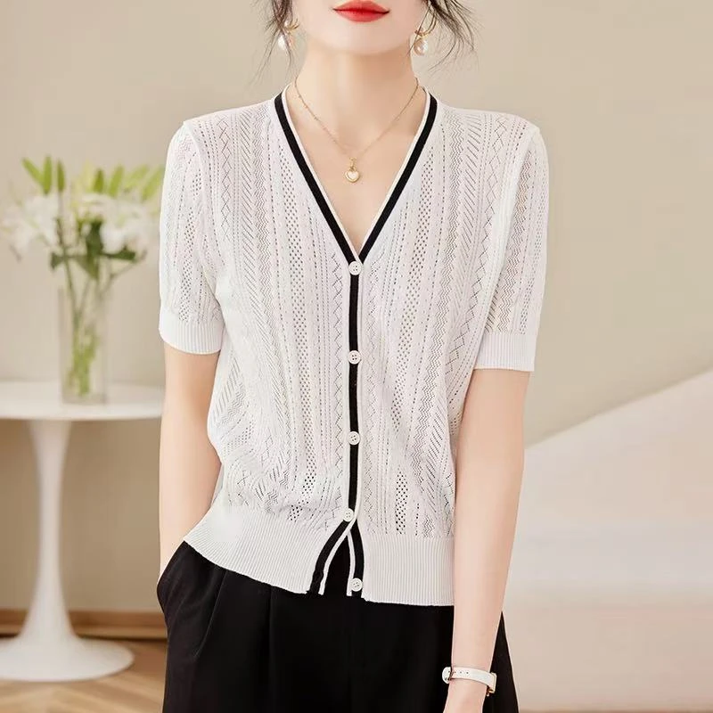 拼色女镂空夏季时尚薄款开衫气质百搭拼接短袖针织衫/质第0593