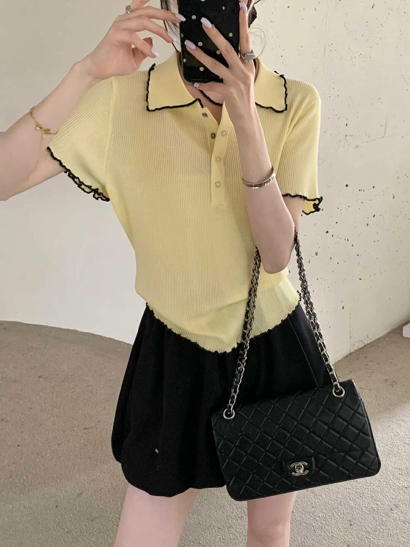 3901三分袖套头款拼色短袖女毛针织衫翻领时尚锋芒大女主