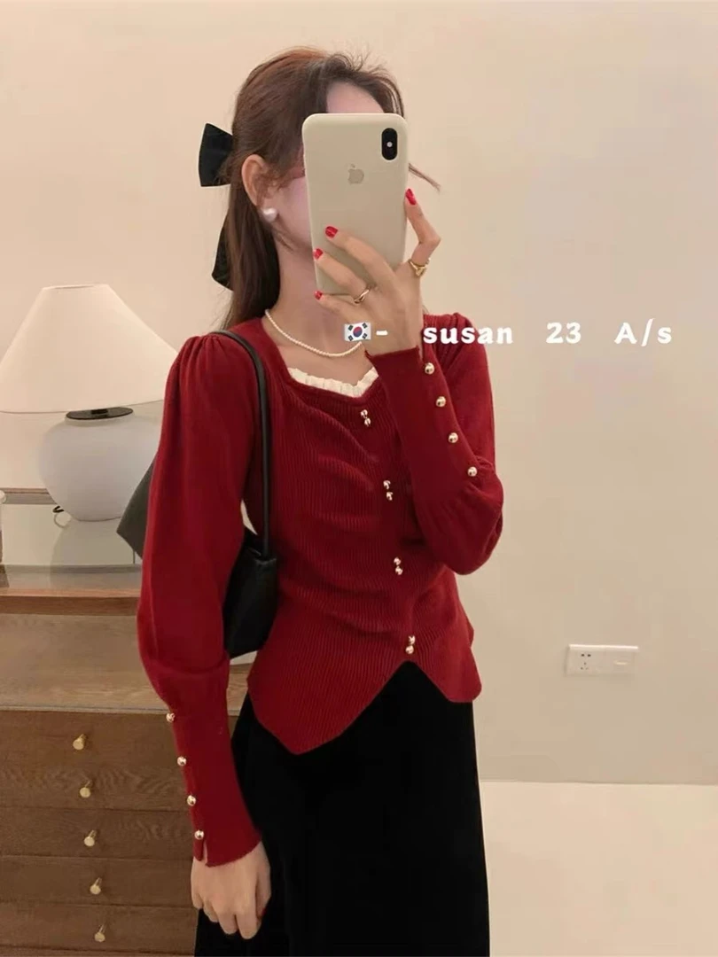 方领褶皱毛衣打底衫女秋冬高级感别致漂亮洋气时尚内搭针织衫上衣