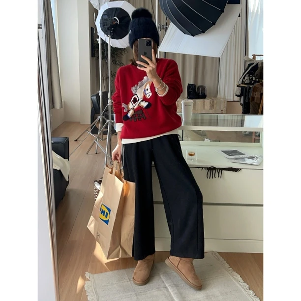 大红-新年限定 100羊毛2026冬季新款流苏小马套头加厚保暖毛衣