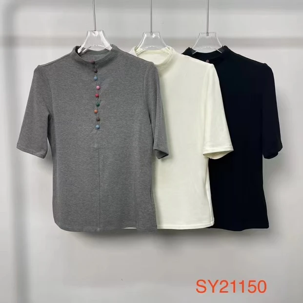 【小黑家】彩色装饰扣细腻坑条修身显瘦针织T恤21150