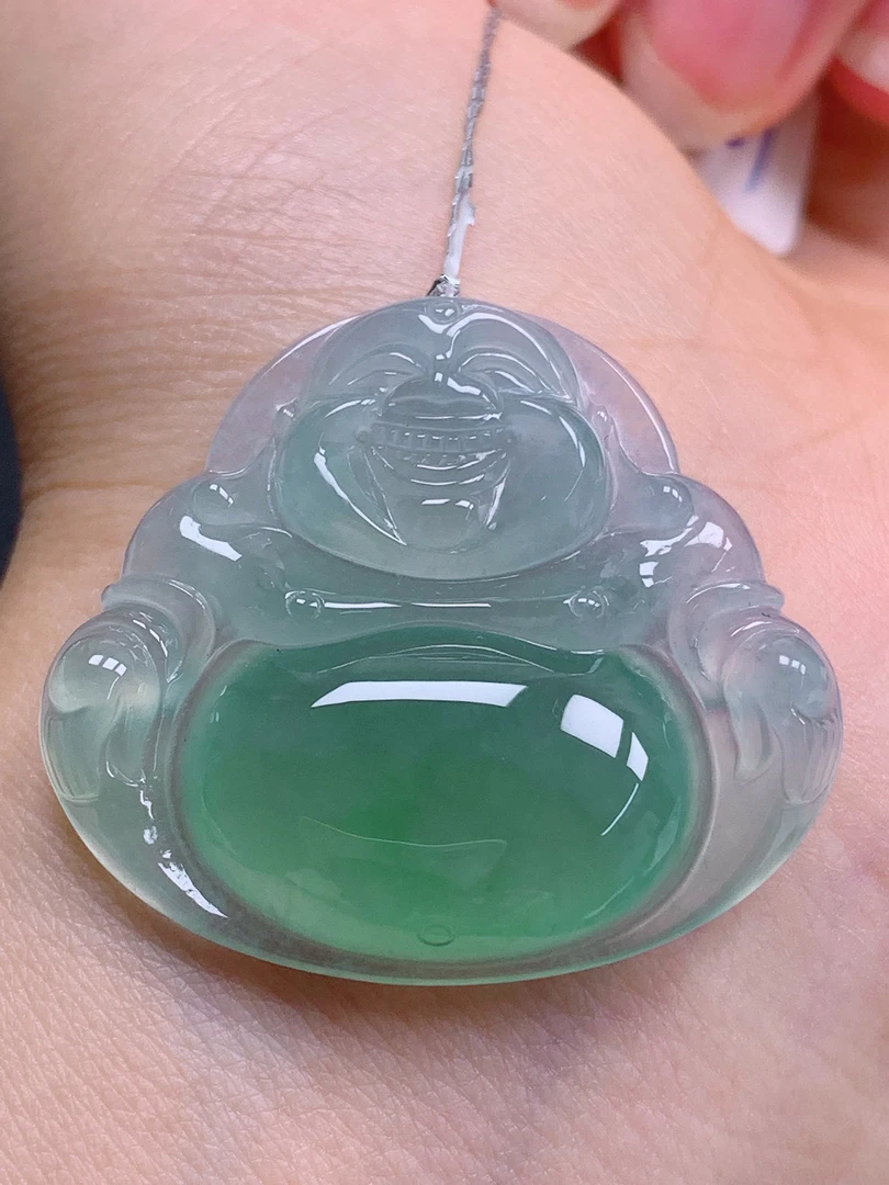 天然缅甸翡翠A货高冰晴绿佛公气质精美尺寸34.9+31+6.5