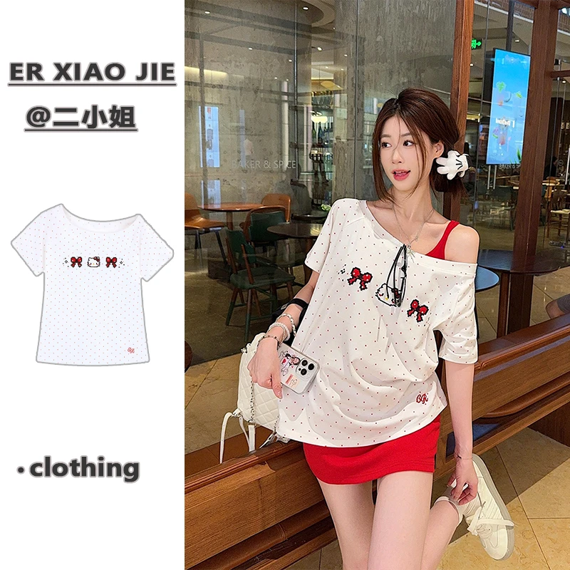 Kitty猫斜肩一字领短袖t恤女薄款夏季宽松短款设计感辣妹白色上衣