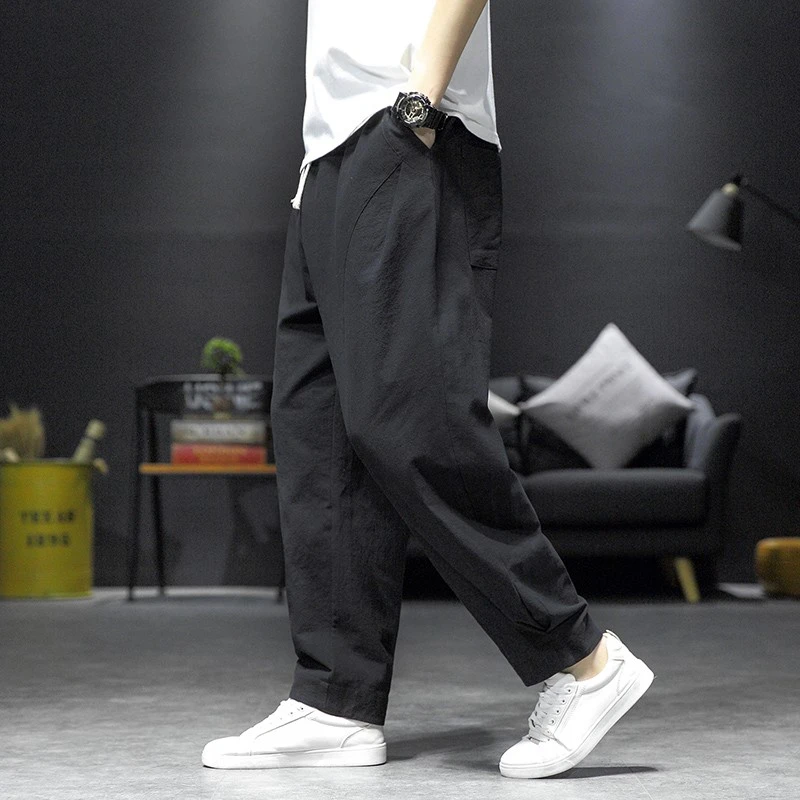 夏季中国风阔腿裤男士大码棉麻休闲长裤暗黑系复古宽松直筒哈伦裤