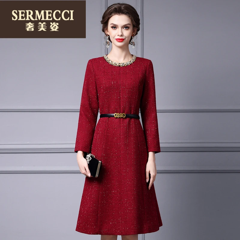 奢美姿上档次爆款2025春秋连衣裙女长袖酒红色显瘦A字裙