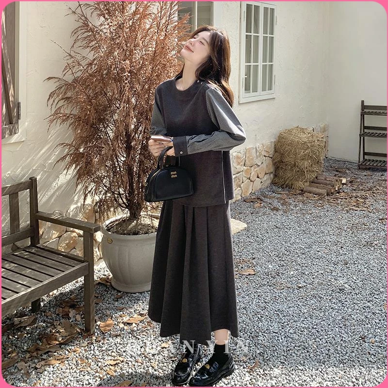 RUAN YIN灰色格子拼接卫衣套装裙女春季2025新款休闲半身裙两件套