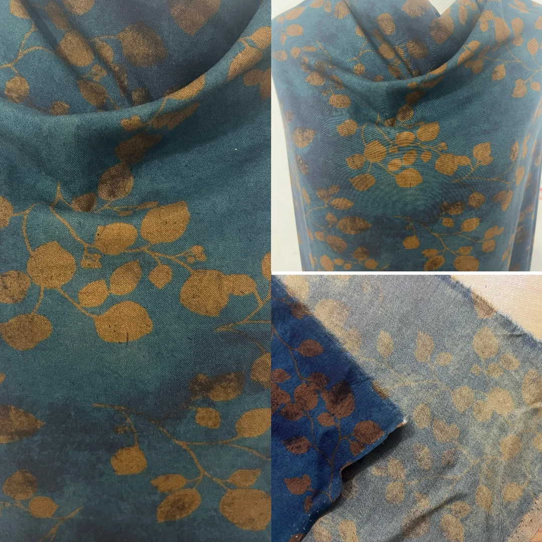 【正品】雕印孔雀蓝树叶人造棉棉绸面料全棉连衣群套装布料