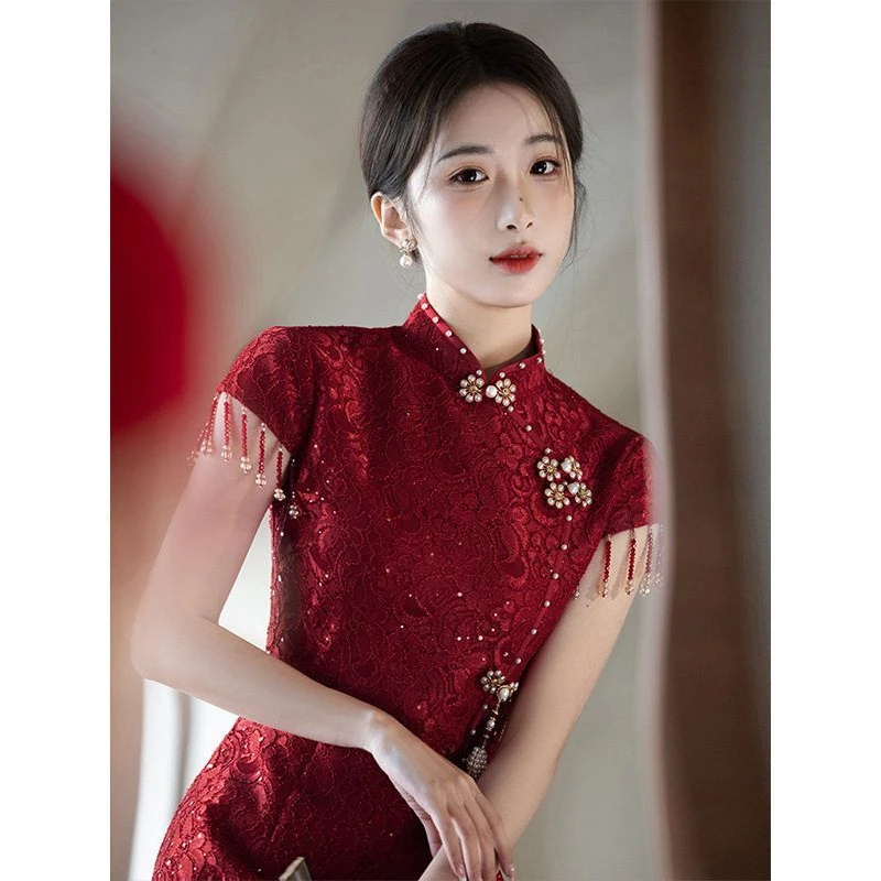 酒红色敬酒服新娘旗袍小个子订婚礼服裙新中式结婚订婚礼服旗袍