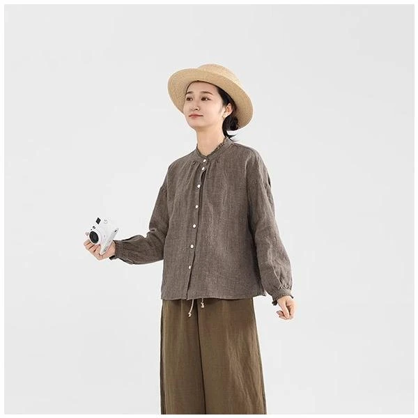 尘染早春洋气衬衫女2025新款汉麻休闲百搭圆领上衣高级感小众长袖