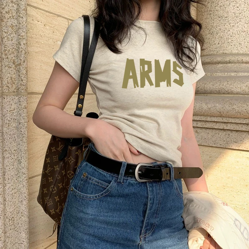 韩系甜辣打底正肩短袖高级爆款欧货百搭修身显瘦上衣花灰色t恤女