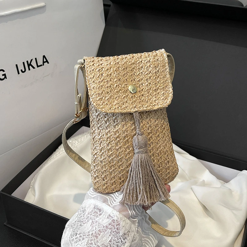 2024新款夏日韩旅游手机包流苏斜挎包草编编织海边个性手机小方包