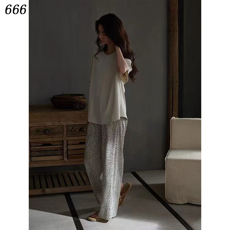 【莫棉】 女款圆领短袖长裤家居服【两色】纯色条纹-666-XP