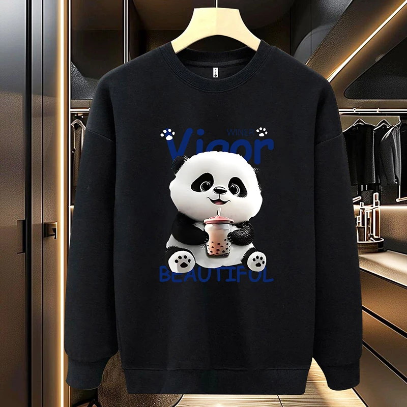 圆领白色可爱熊猫卫衣男女春秋款2025新款宽松卡通熊春季上衣情侣