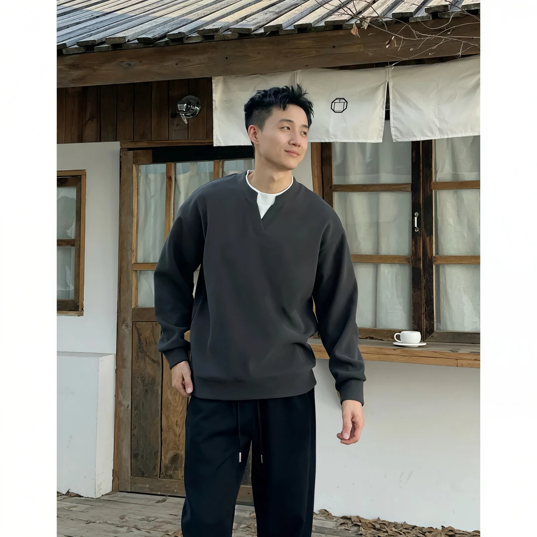 BIG林25ss冬季加绒假两件V领云朵绒肤感时尚休闲男士新款休闲装