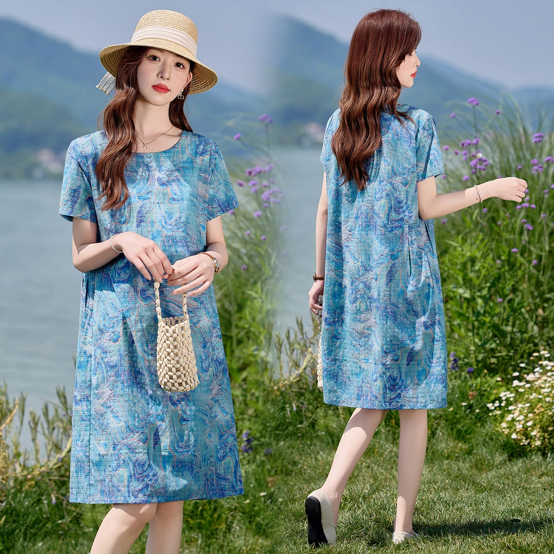 洋气印花连衣裙女夏天2025新款妈妈气质名媛遮肚子遮胯宽松裙子