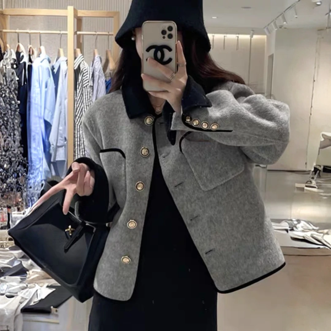 奥顿思兰迪小香风双面羊毛大衣女短款小金扣法式小个子毛呢外套