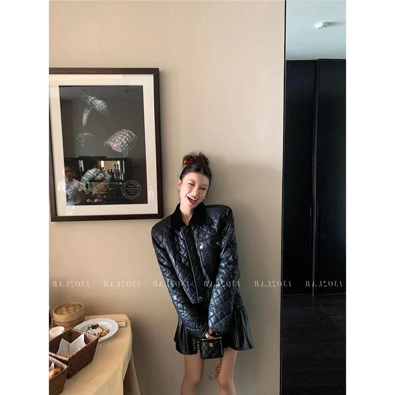菱格千金感丝绒拼接翻领短款夹棉高级感PU皮衣外套秋冬新款上衣潮