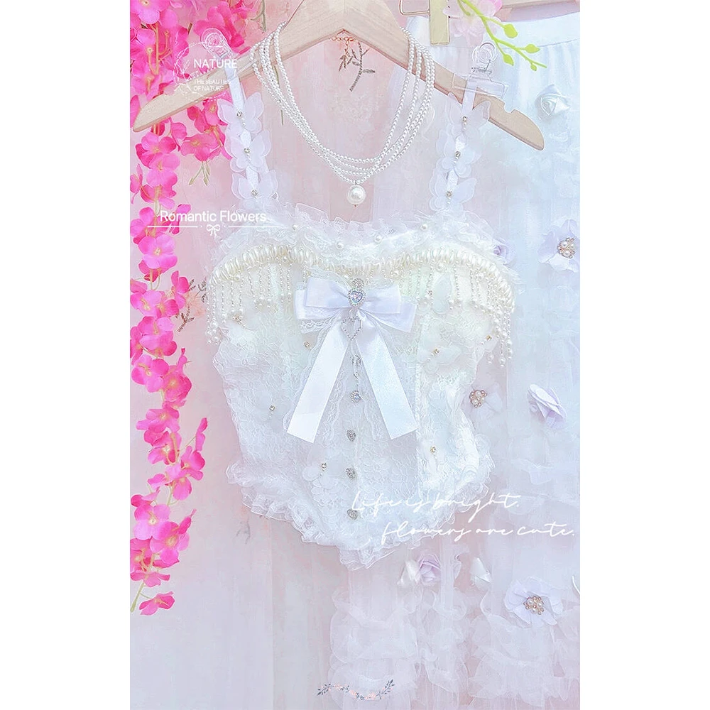 蕾丝吊带背心女宫廷钉珠珍珠流苏蝴蝶结花边内搭打底衫美背带胸垫