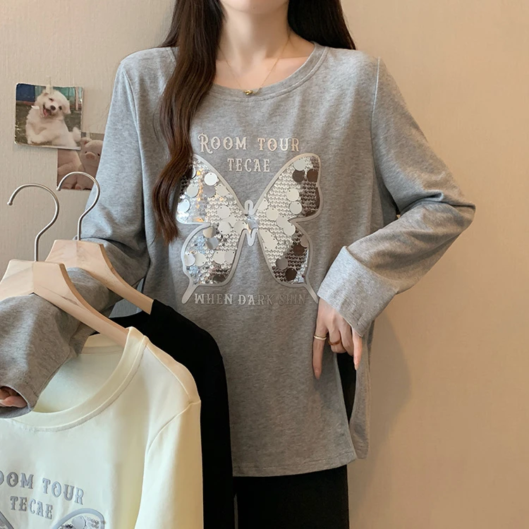 【涵胖胖】清63420大码2024秋季蝴蝶印花长袖t恤时尚开叉减龄上衣