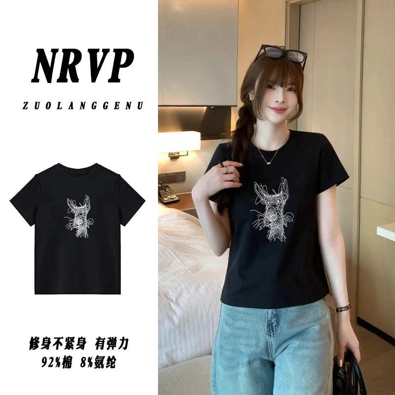 品质黑色线条狗印花120-140斤微胖大码女装t恤女正肩修身弹力短袖