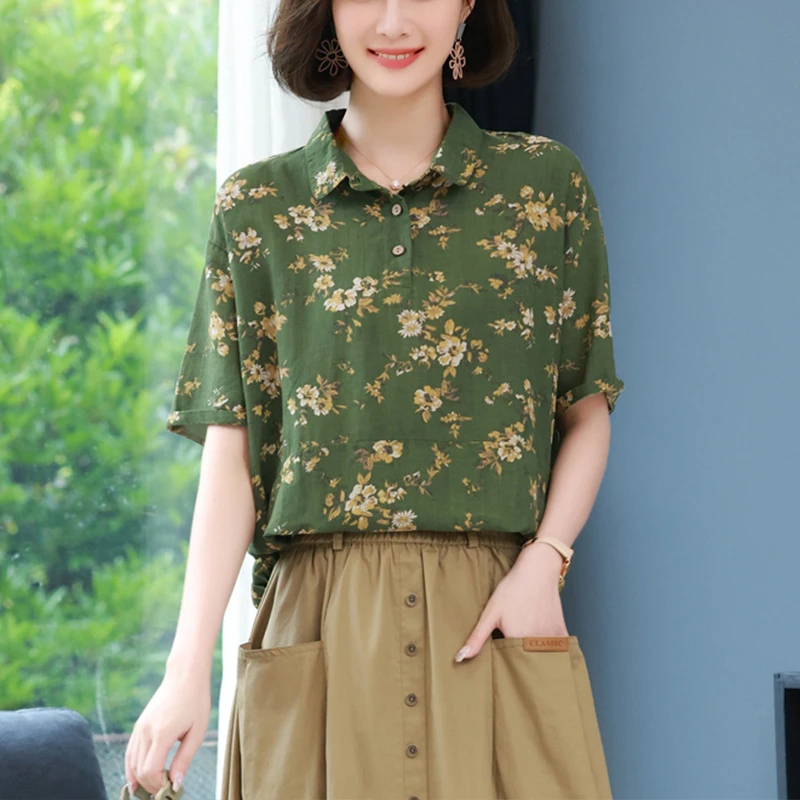 2352碎花衬衫女2025新款短袖衬衣小个子中年妈妈复古小衫气质上衣