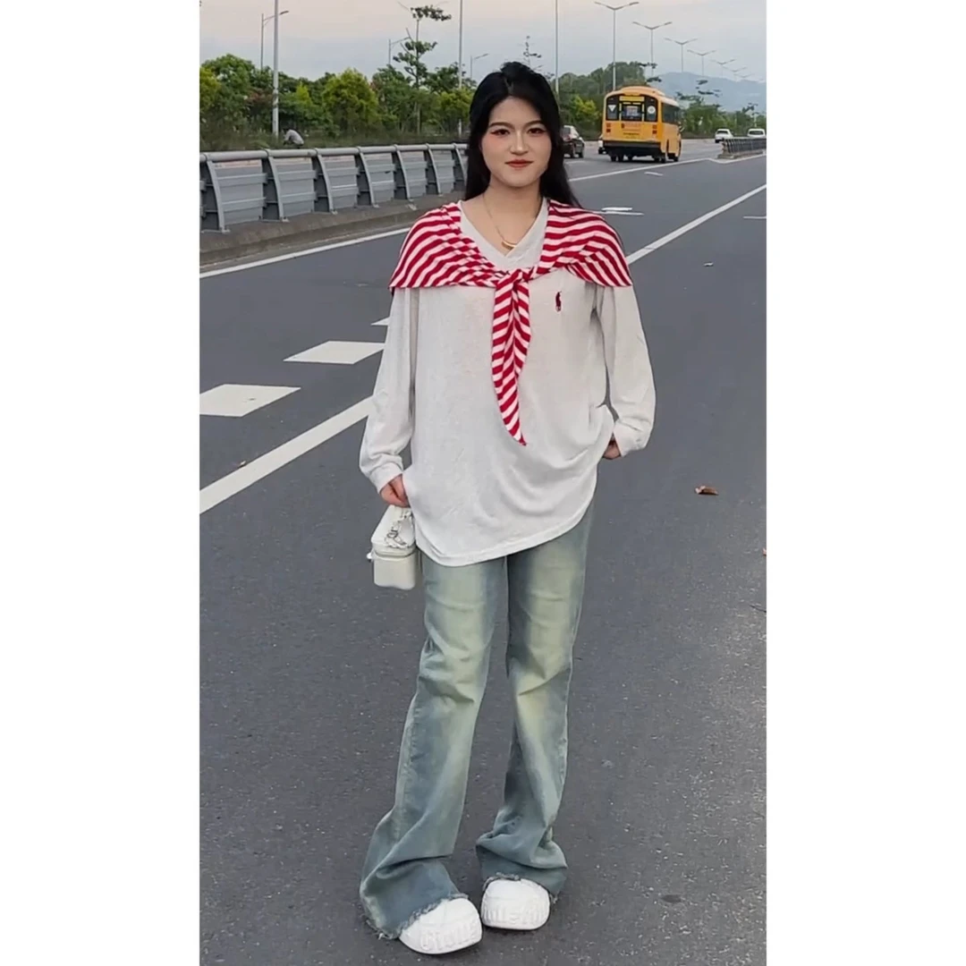 YOO[港风]条纹披肩轻薄防晒长袖203一毛边高腰微喇马蹄裤139一