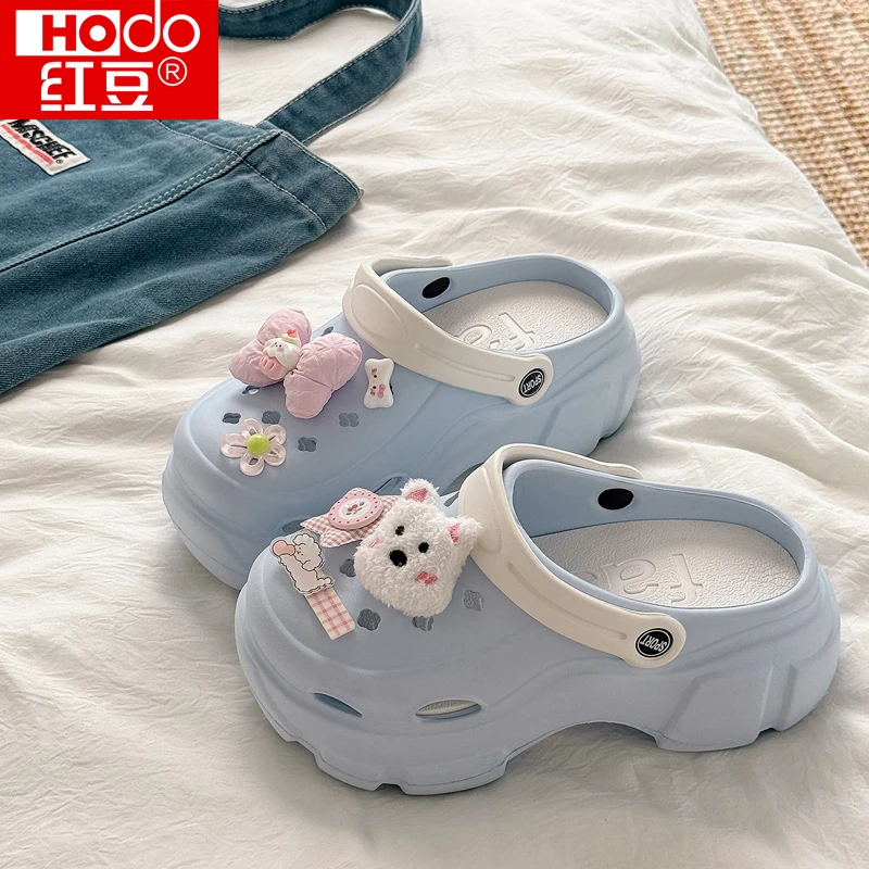 红豆增高洞洞鞋女2025新款外穿夏季沙滩eva防滑防臭厚底包头凉鞋