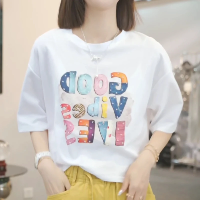 美式夏季短款趣味印花T恤女2025新款宽松外穿小个子穿搭打底上衣
