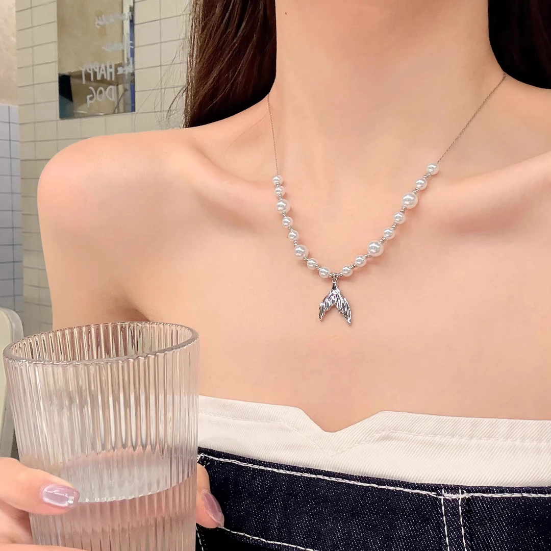 铜合金仿珍珠项链 人鱼之恋 抽拉式鱼尾珍珠项链女夏海边穿搭配饰