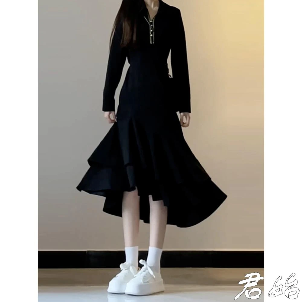 法式黑色连衣裙子女2025年秋季新款内搭小个子收腰显瘦潮流休闲服