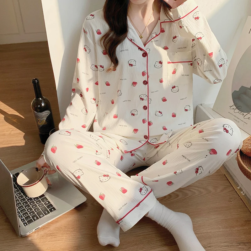 2025春秋睡衣女长袖长裤开衫翻领云朵棉爆款甜美卡通家居服套装