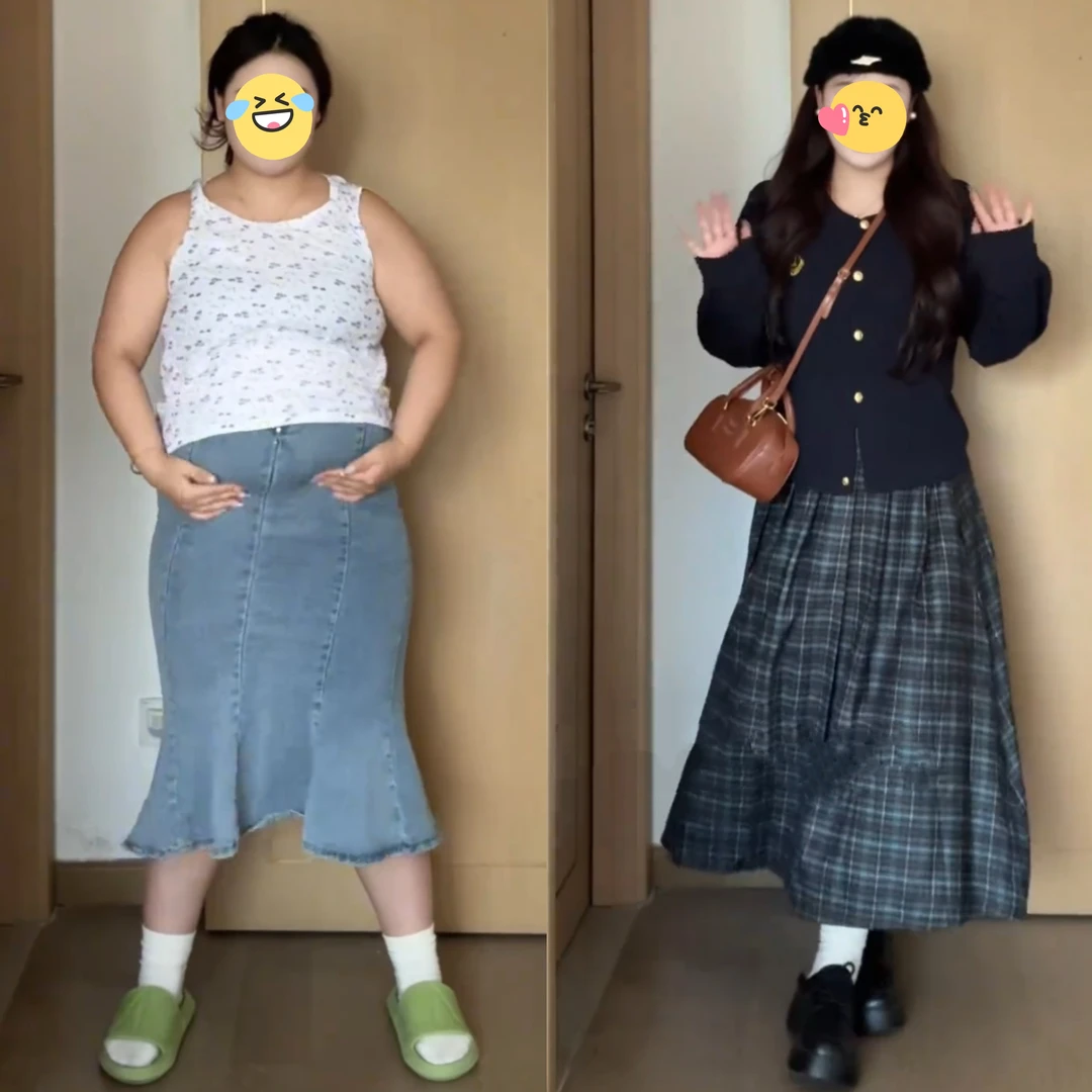 大码学院风针织上衣格子半裙两件套女胖mm减龄显瘦早秋穿搭一整套