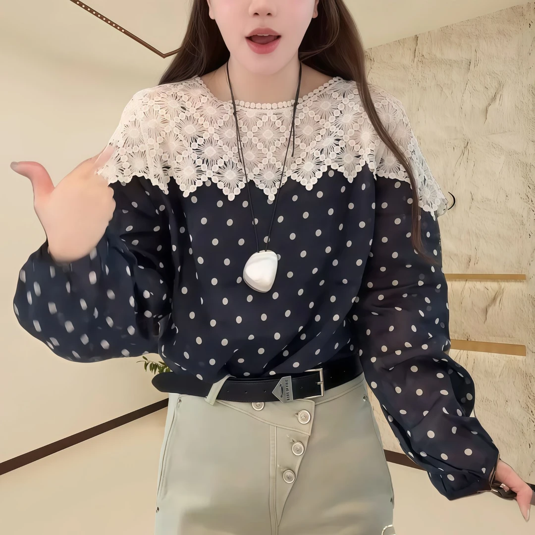 2025薄款【赫本星迹】波点蕾丝拼接长袖女士衬衫气质一字肩上衣