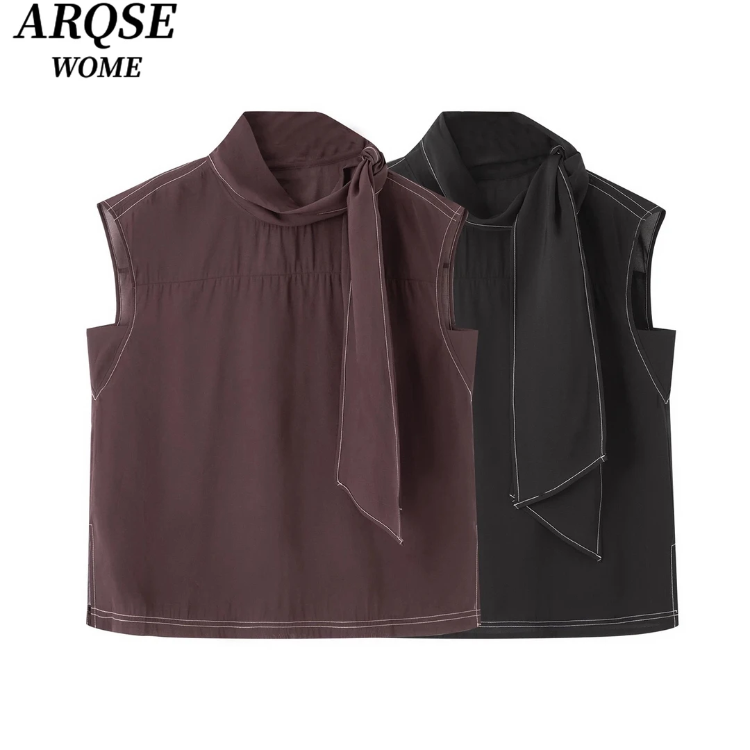 艾诺丝商场同款2025新品款时尚百搭飘带无袖衬衫上衣女6335